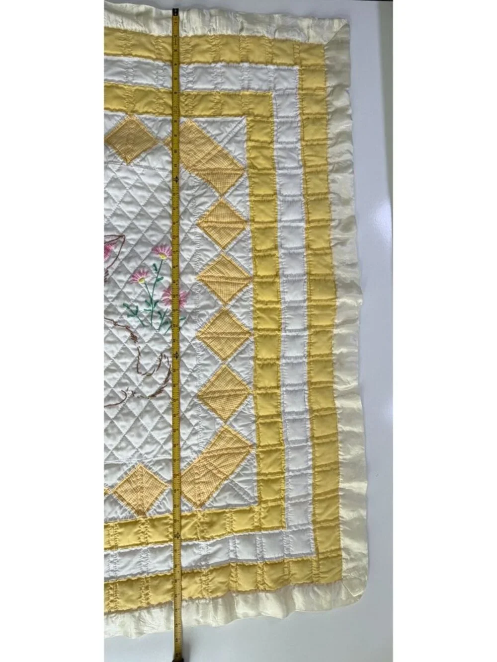 Vintage Handmade Baby Quilt Embroidered Cat Kitten Blanket Satin Yellow White